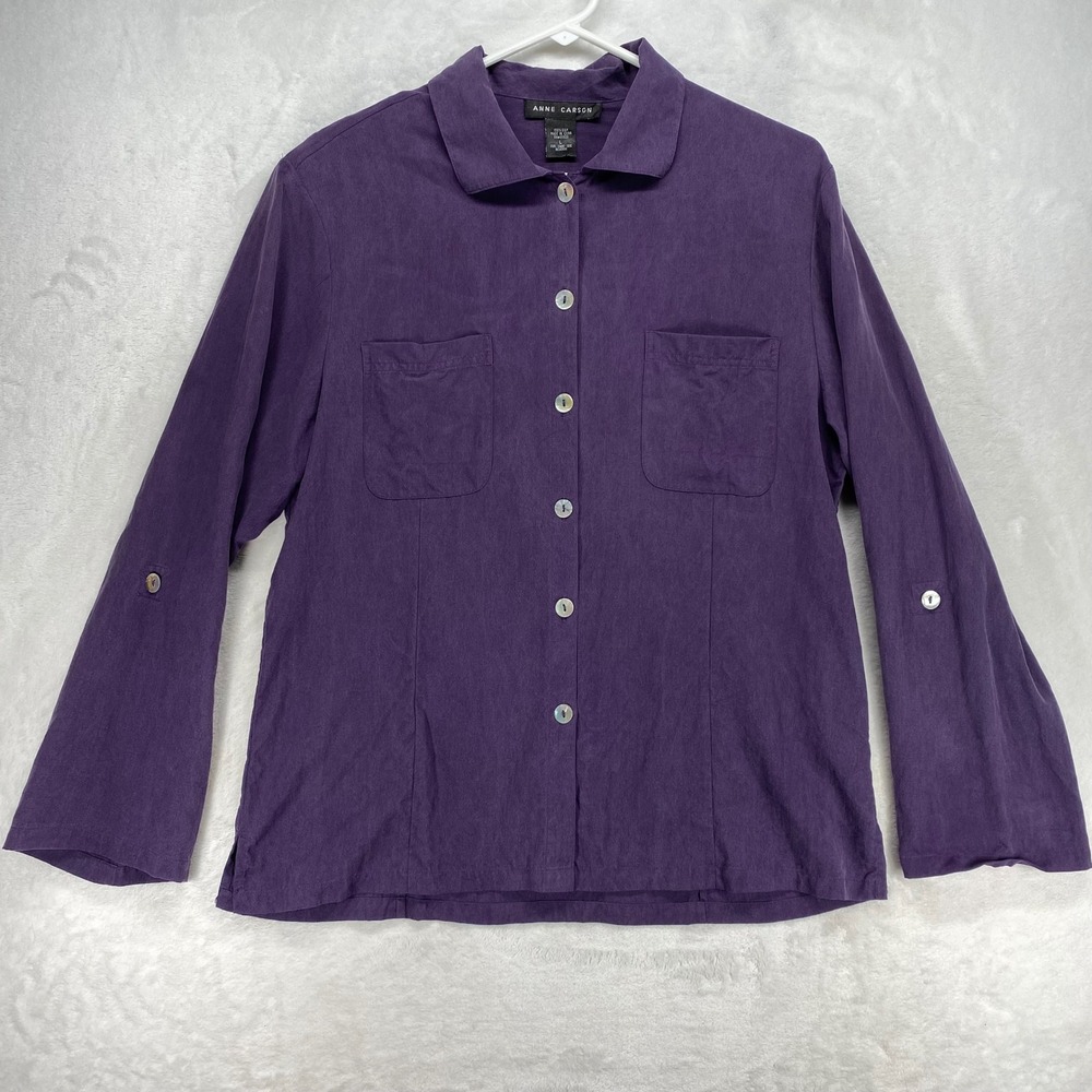 Anne Carson Silk Button Down Top Roll Tab Long Sleeve Purple Size L